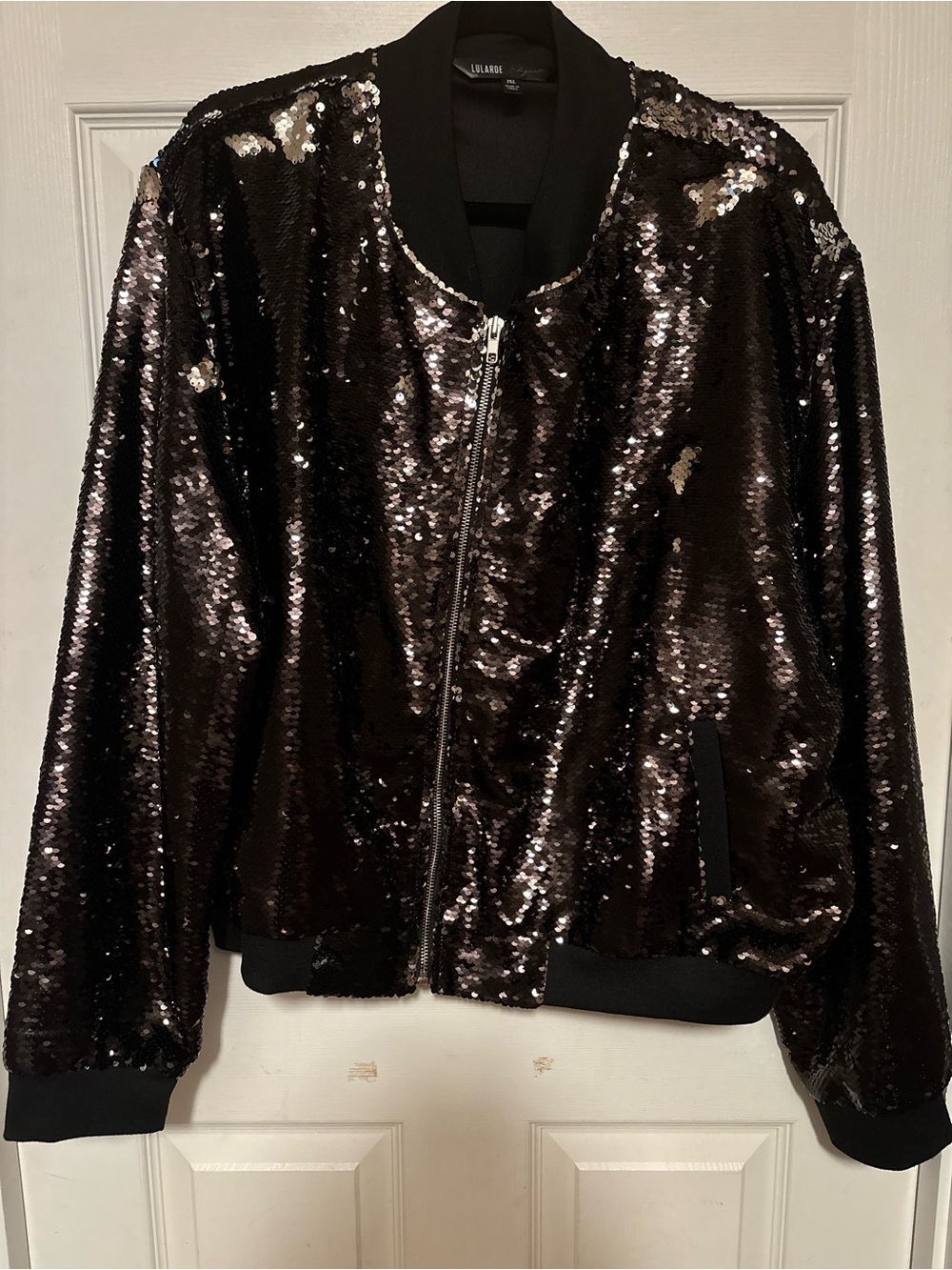 LULAROE NWT 3X Elegant STEVIE Sequine Bomber Jacket Black Silver